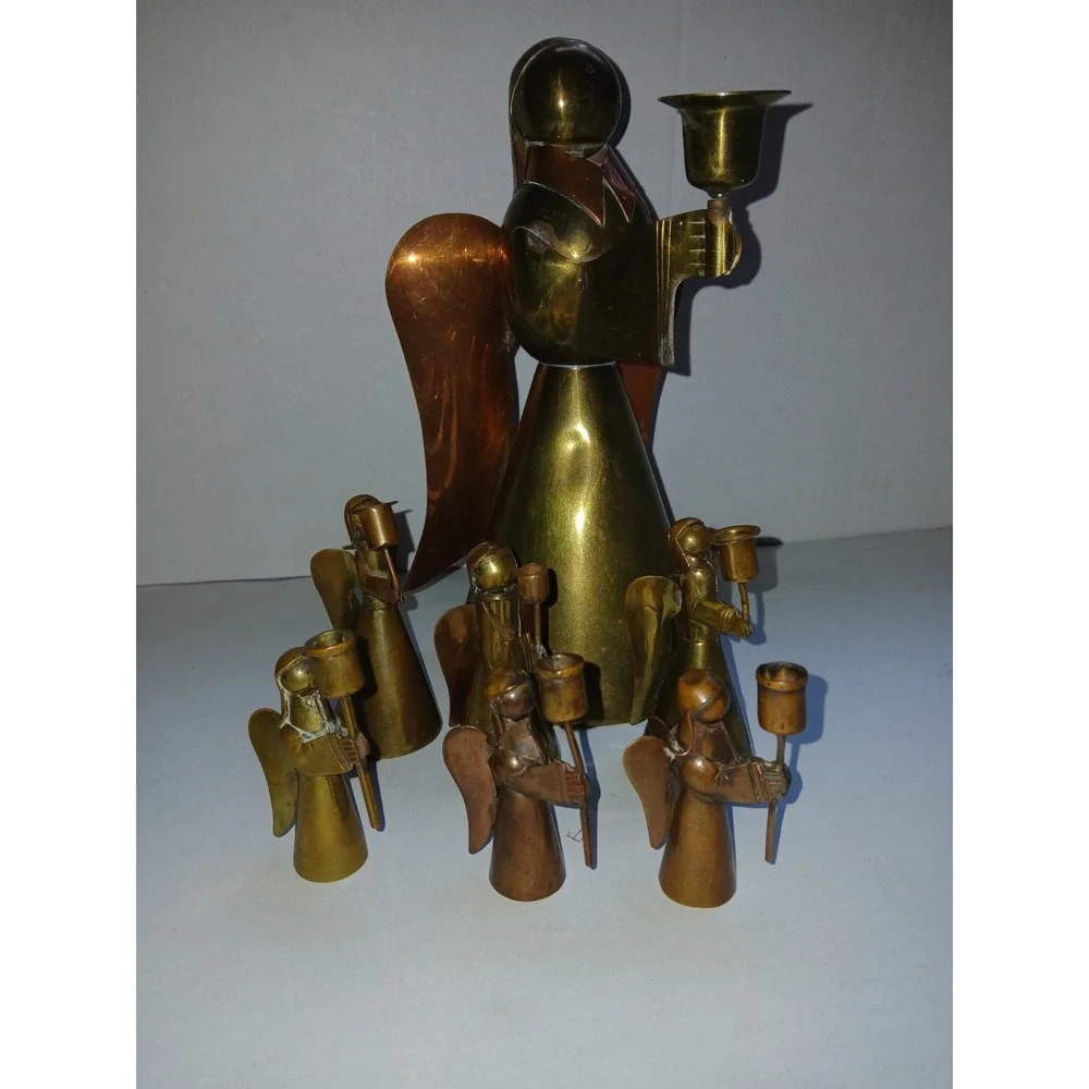 7  Vintage Rustic Copper & Brass Angel Candle Holder Set‎ Mexico Christmas Decor